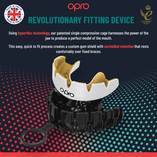 Paradenti Opro Instant Custom-Fit per apparecchio Bianco-oro-Combat Arena